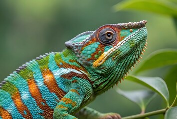 Obraz premium Captivating Close-Up of a Colorful Panther Chameleon with Turquoise, Orange, and Green Stripes Looking Upward While Perched on a Branch with Soft Green Foliage