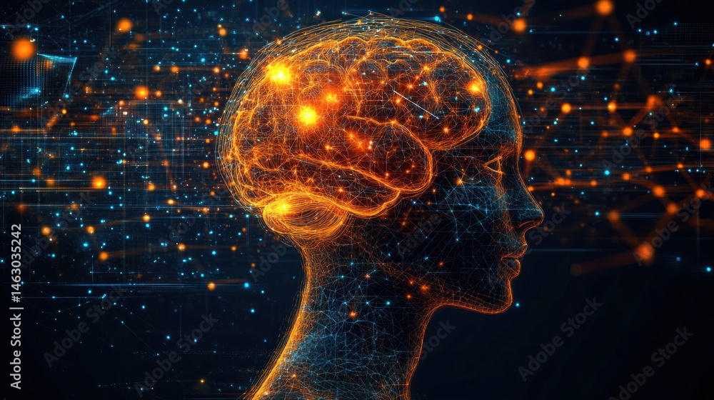 Poster digital representation of a human head in side profile with illuminated neural connections and glowi