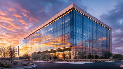 Obraz premium The evening sky casts warm and vibrant colors onto the reflective facade of a sleek business center, transforming the building into a canvas of sunset hues 