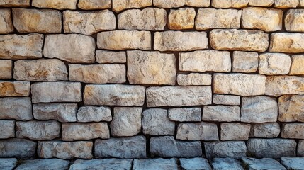 Fototapeta premium Close-up of a rustic textured stone wall with irregular rectangular blocks and visible weathering under natural light
