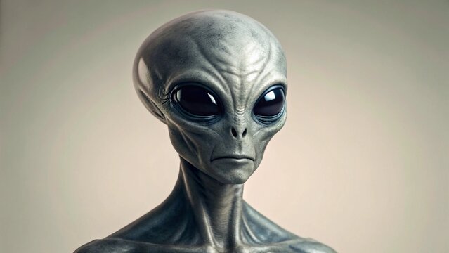 Headshot of a typical grey alien figure with a prominent skull shape and large, dark, expressive eyes, conveying a sense of intelligence and otherworldliness, ideal for projects about aliens and ufolo
