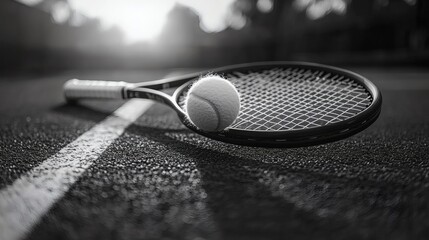 A tennis ball sits atop a racket resting on textured asphalt next to a white court line, bathed in soft, diffused light