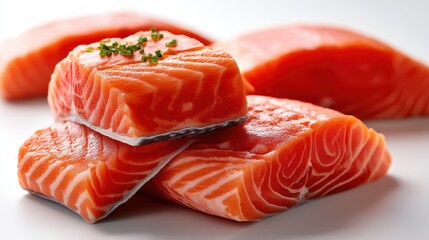 Close-up view of raw salmon slices stacked with care, silver skin peeking from the sides, bright studio white background