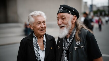 Elderly couple sharing joyful conversation outdoors in an urban setting, close-up shot