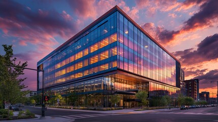 The warm hues of a sunset reflecting on the glass exterior of a modern office building, creating a dynamic interplay of light and architecture as dusk settles over the city 