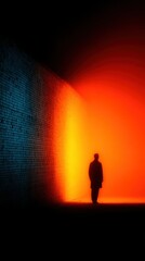 Person stands near wall in red & blue color light