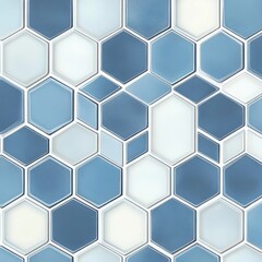 Seamless pattern of blue and white hexagonal tiles in varying shades forming a geometric mosaic with a cool, calming aesthetic