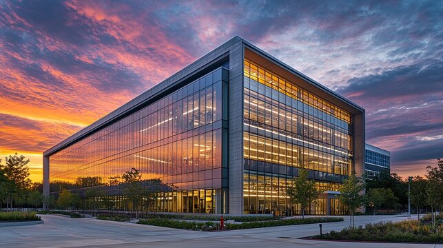 The warm glow of a setting sun reflecting vividly on the polished facade of a modern office building, set amidst a calm evening sky in a bustling corporate district 