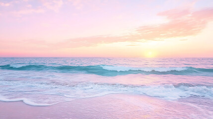 Obraz premium A beautiful beach scene with a pink and blue sky and a calm ocean