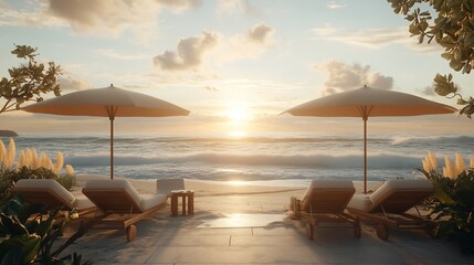 Fototapeta premium Beachfront bliss Loungers under umbrellas face sunset, ocean waves, and clear skies