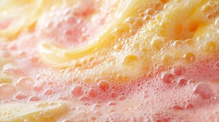 Fototapeta premium Pink creamy noodles with small bubbles closeup shot