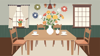 A rustic dining room with a wooden farmhouse table vintage floral print china and a bouquet of fresh wildflowers as a centerpiece.