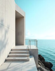 Minimalist architecture with concrete building, stairs leading to a platform with railing, ocean in the background, bright sky