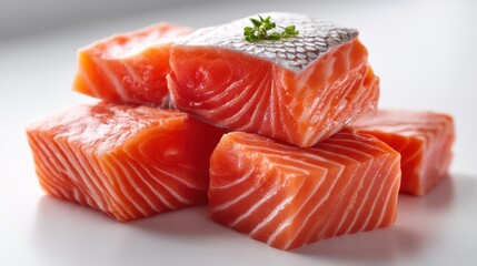 Stack of pink-orange raw salmon pieces with subtle silver skin showing, placed cleanly on a white background for a fresh, minimal look