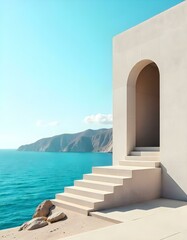 Minimalist architecture with concrete building, stairs leading to a platform with railing, ocean in the background, bright sky