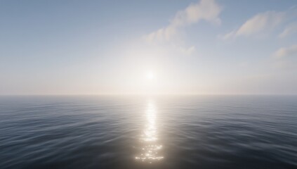 Obraz premium Serene ocean sunrise. Calm, flat water reflects a bright sun, light clouds above. A tranquil, peaceful scene
