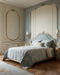 Classic palace style hotel suite in soft baby blue and gold featuring regal bed and elegant royal inspired luxury furnishings Luxurious Bedroom Interior Design