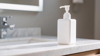 A hand soap dispenser sits on a marble countertop, showcasing cleanliness and hygiene
