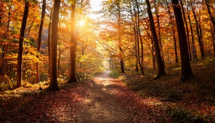 Obraz premium sunlit path through autumn forest