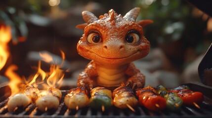 Obraz premium Adorable little orange dragon watches skewers of colorful vegetables grilling over open flames on a barbecue outside