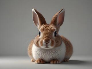 Rabbit with brown fur and white markings, sitting against a neutral background. Animal portrait with focus on the rabbits face and ears. Pet photography.