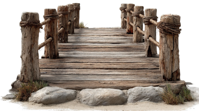 Ancient wooden bridge steps on an old pier extend over the sea