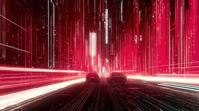 Two cars driving quickly through a futuristic neon colored city