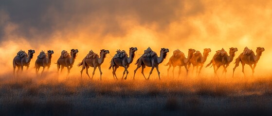 Camels walking in a desert at sunset, kicking up dust
