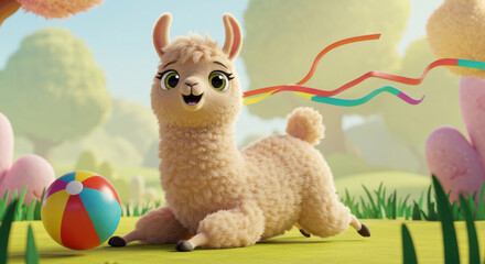 Cute cartoon llama playing with a beach ball in a sunny outdoor setting creating a joyful and playful scene perfect for children's content