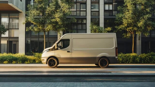 A delivery van is parked alongside a modern building in a bustling urban area filled with greenery