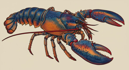 Detailed illustration of a vibrant blue and orange lobster with large claws and long antennae