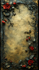 Aged parchment-like backdrop adorned with sculpted crimson roses, dark foliage, and intricate metal vines