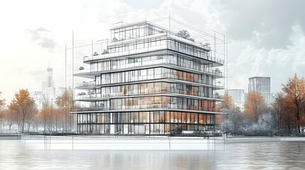 Architectural rendering of a modern high-rise building, with blueprints overlaid, situated beside a calm waterway, surrounded by autumn foliage