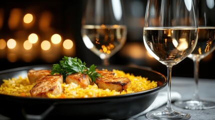 A beautifully plated seafood dish served with saffron rice, garnished with fresh parsley, accompanied by two glasses of white wine, creating an elegant dining experience.
