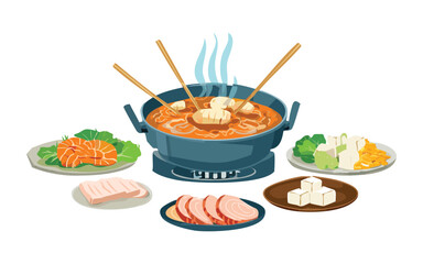 Spicy Hotpot with other dishes pork belly slices, tofu, and grilled shrimp - vector illustration