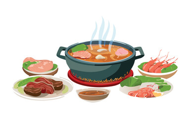 Sukiyaki Hotpot with Assorted Vegetables, Meat, and Shrimp Bowl Sides - Vector Illustration