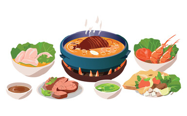 Hotpot with Beef Brisket, Seafood, Bok Choy, and Dipping Sauces - Vector Illustration