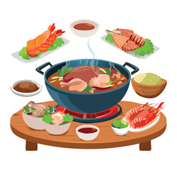 Seafood Hotpot Set with Shrimp, Clams, Crab, and Vegetables on a Serving Board - Vector Illustration