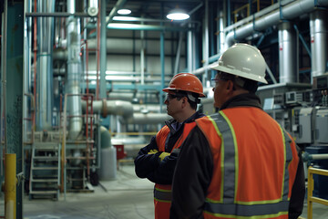 Workers in helmets and safety vests inspecting industrial machinery in factory environment

