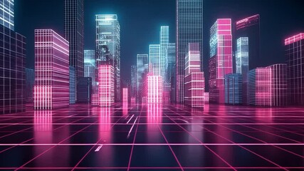 Futuristic cityscape with glowing neon skyscrapers in pink and blue, reflecting on sleek surfaces, creating vibrant urban atmosphere filled with technology and innovation. - Powered by Adobe