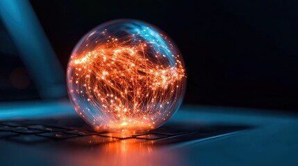 An artistic representation of a glowing sphere filled with intricate data connections, symbolizing the interconnectedness of our modern, digital world and technology.