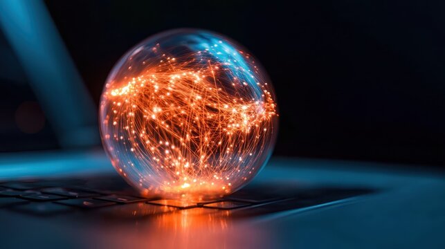 An artistic representation of a glowing sphere filled with intricate data connections, symbolizing the interconnectedness of our modern, digital world and technology.