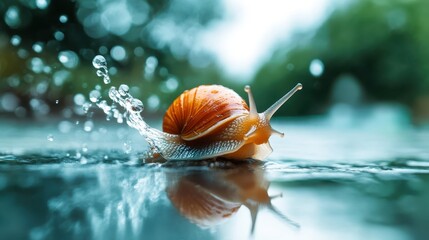 A detailed close-up shot of a snail gliding through water droplets, highlighting the beauty of nature and the delicacy of its movement against a blurred background.