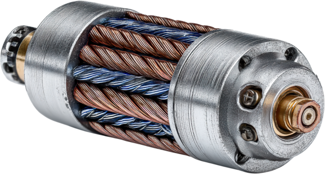 A close-up shows an isolated silver metal electric power cable intertwined with a section of old rope