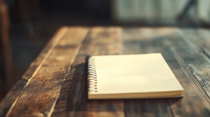 Simple spiral notebook resting on a weathered wooden table surface inviting contemplation