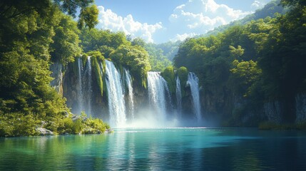 Lush waterfall cascading into tranquil lake, surrounded by verdant forest