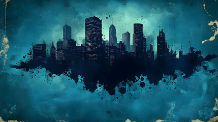 Dark cityscape silhouette within teal abstract ink splatter