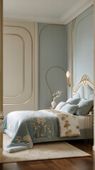 Luxury bedroom in hotel suite with golden accents soft baby blue theme and regal bed creating an elegant aristocratic interior Luxurious Bedroom Interior Design