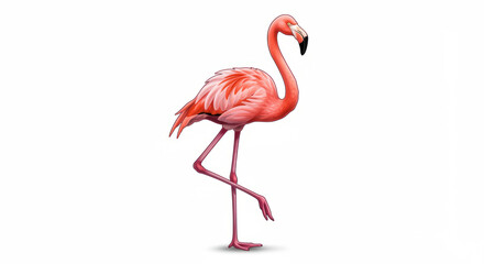 Fototapeta premium Graceful flamingo standing on one leg against a clean white backdrop showcasing its vibrant pink plumage and unique avian form for nature illustrations