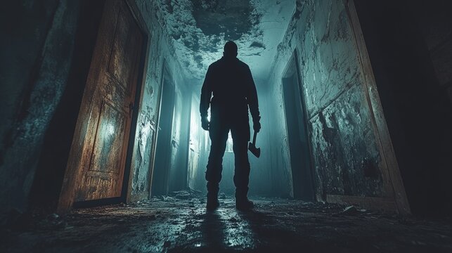 Silhouette of a masked figure with an axe in an abandoned corridor - Powered by Adobe